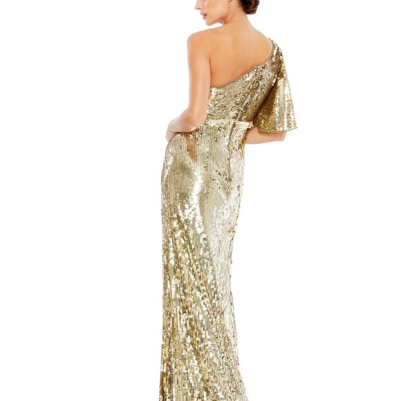 Mac Duggal 93540 Bell Trumpet Sleeve‎ One Shoulder Gold Sequin Column Gown 0 - Picture 2 of 6